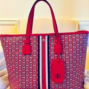 Tory Burch Red and Black Patterned Tote. NWT